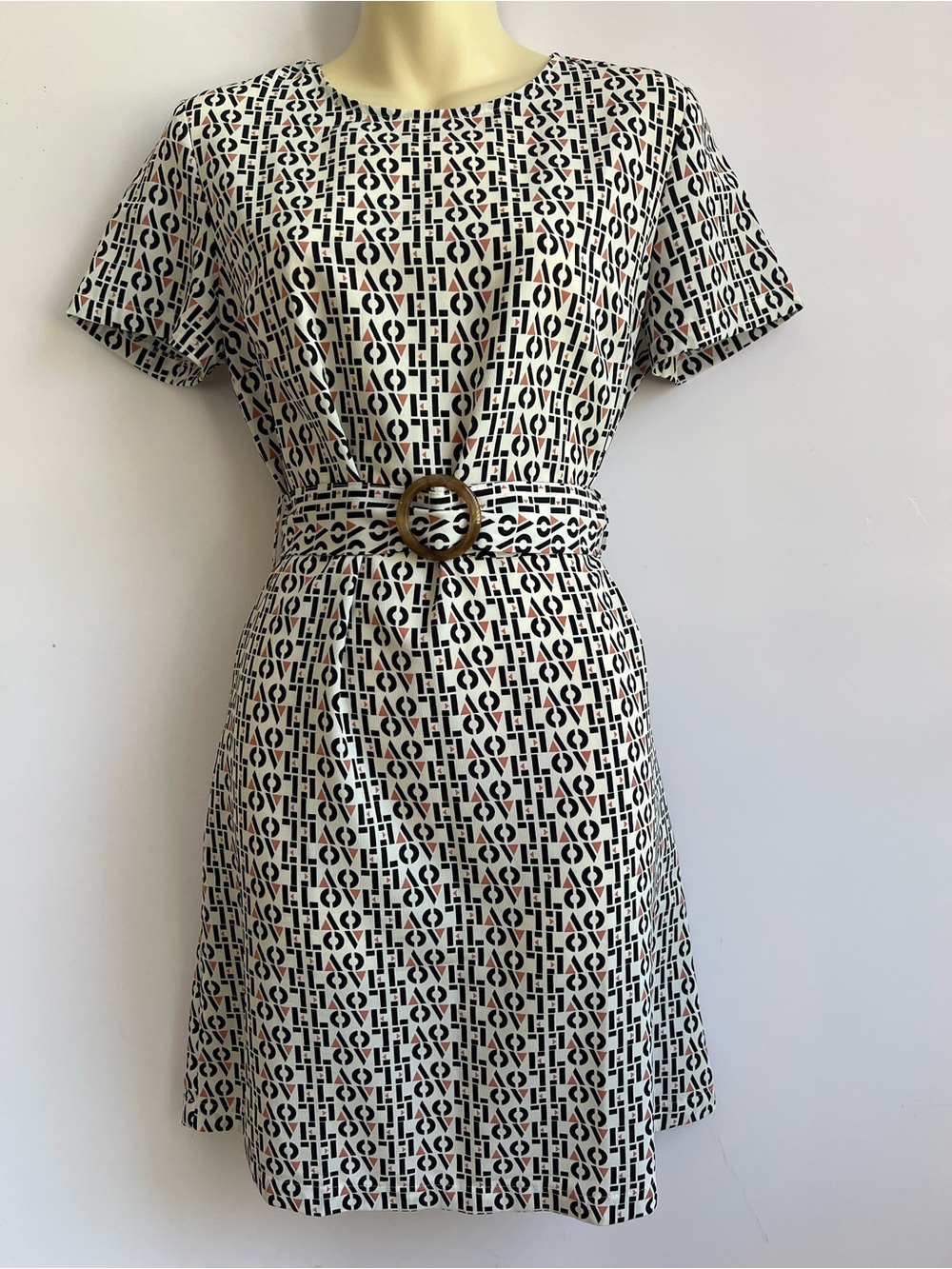 Primark Women Dress LOVE Print Short Sleeve Cream Dress with Belt Size US 4